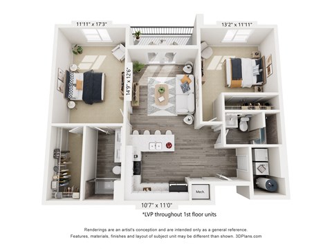 Floor plan for 2 beds, 2 baths, 1146 sqft